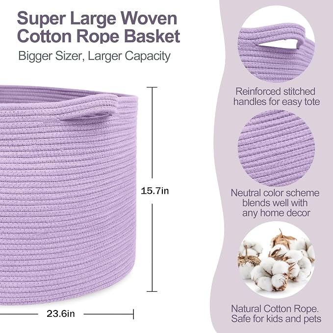 115L Extra Large Purple Storage Basket, 23.6" X 15.7" Jumbo Woven Cotton Rope Bin for Throw Blankets Pillows, Baby Laundry Basket, Dirty Clothes Organizer, Big Storage Box for Toys, Towels