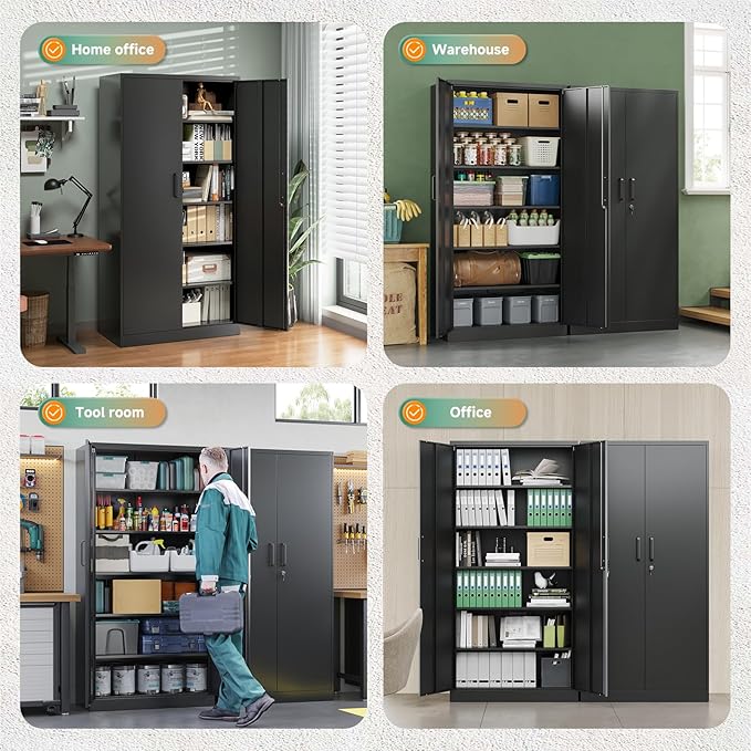 Metal Garage Storage Cabinets with Lock-72 Tall Tool Organizer Steel Lockers, 5 Adjustable Layers Shelves for Home,Office,Warehouse,Garage,(Black-72“)