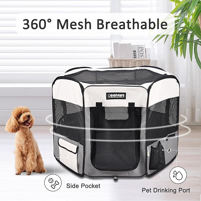 Jespet Soft Dog Playpen, Portable Pet Exercise Pen Kennel with Carry Bag | 2-Door, Easy to Fold, Ground Stakes, Zipper Locks, Large Storage Pocket, Washable Top Mesh Cover & Bottom Cover