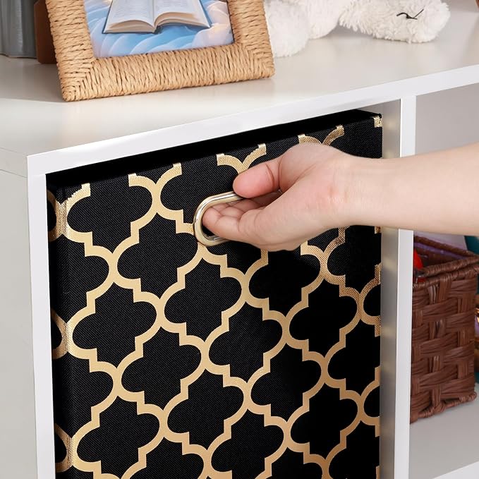 Posprica 13x13x13 Storage Cube Bins, Collapsible Storage Bins Fabric Storage Cubes Organizer Baskets Box Drawers for Shelves, Closet, Wardrobe, Bookshelf, Cabinet,(Set of 4, Black/Gold lantern)