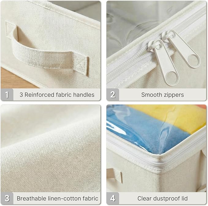 2-Pack Under Bed Storage Containers, 8 Inches Tall Clothes Storage, Beige | Large Capacity Collapsible Underbed Organizer with Sturdy Sidewalls/Bottom, Cotton Linen Bins, For Seasonal Clothes & Bedding
