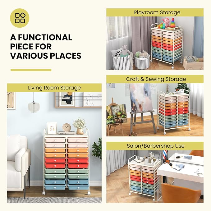 20 Drawer Rolling Storage Cart, Art Cart Organizer with Wheels for Makeup, Tool, Paper, Multipurpose Craft Storage Cart with Drawers for Office, Home, Classroom, School (Macaron Color)