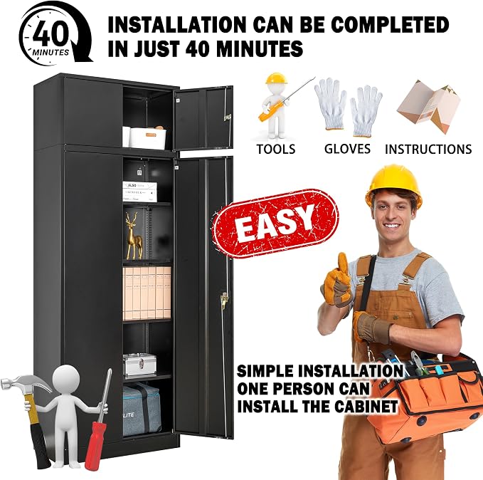 CJF Metal Storage Cabinet, 87 inch Tall Large Locking Cabinet with Top Cabinet, Garage Storage Cabinet with 4 Adjustable Shelves for Home Office, Garage and Utility Room-Black