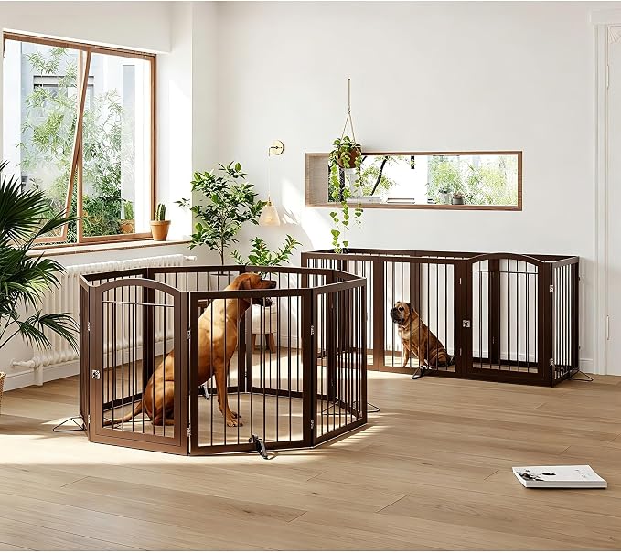 JSB 192-inch Extra Wide 30-inch Tall Dog gate with Door Walk Through,Full Matel Freestanding Round Tube Pet Gate for Halls Stairs, Puppy Safety Dog Fence with 4PCS Support Feet (Round Tube Espresso)