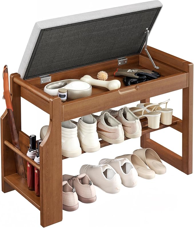 Pipishell 26" Pine Wood Shoe Bench Entryway with Soft Cushion and Storage | Lift-top storage, side holder, 440 lbs weight capacity, sturdy and durable, EPA & CARB-certified, holds 6 pairs, for entryway