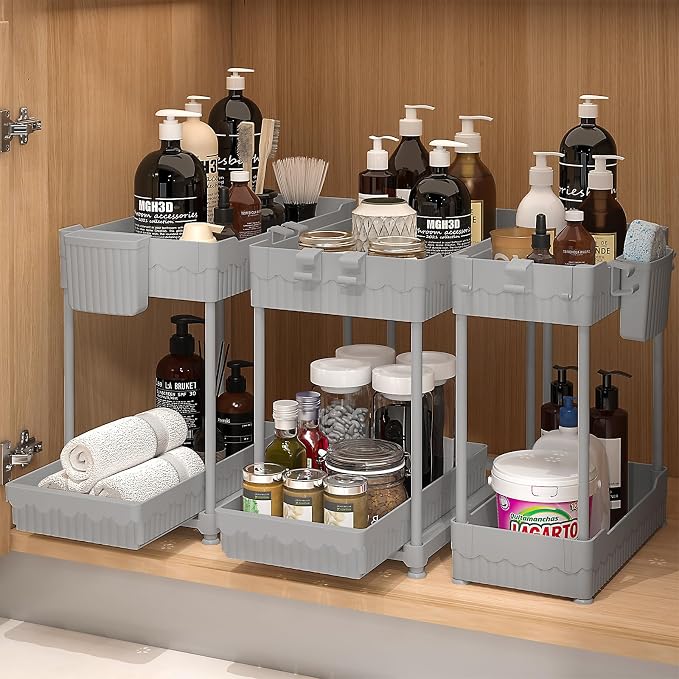 3 Pack Under Sink Organizers, 2-Tier Multi-Use Kitchen and Bathroom Organizers and Storage with Sliding Drawers, Bathroom Cabinet Organizer (Gray, 14.8 Inch) | Multi-use kitchen & bathroom storage, 14.8 inch gray cabinet organizer, space-saving sliding...