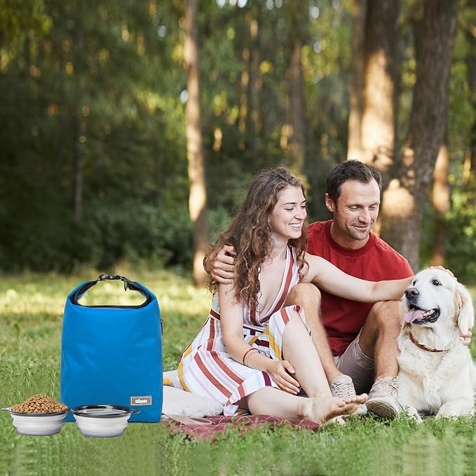Pet Food Storage Bag Dog Storage Organizer Bag 2PCS Collapsible Dog Travel Bowls and Zipper Side Pocket for Home(Blue, Large)