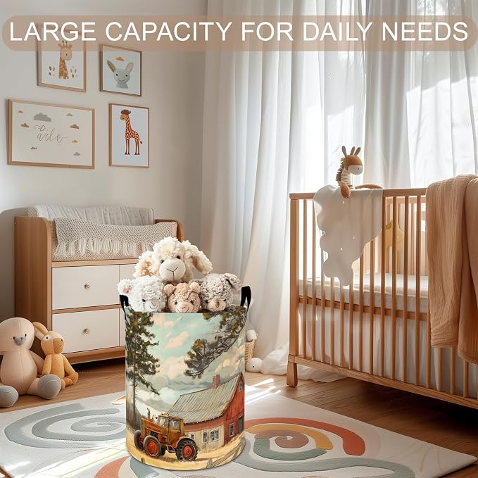 Vintage Tractor Laundry Basket Hamper 19.7"x15.8", Countryside Foldable Waterproof Oxford Clothes Storage Bucket for Room Bathroom Bedroom Nursery Decor, Toy Organizer Bins Gifts for Kids Boys Girls