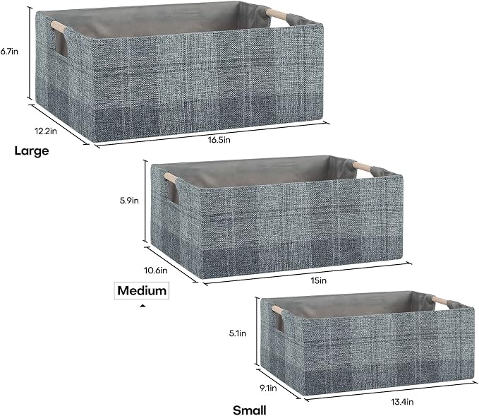 Fabric Storage Box, 15x11in Foldable Cotton Linen Basket with Wooden Handle | Medium Rectangular Cube Decorative Home Laundry Organizer Clothes Blanket Container Organizing Clothes Sheet, Dark Gray Plaid