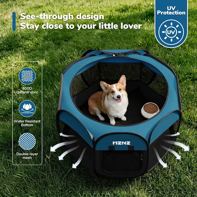 Dog Cat Small Animal Puppy Playpen Crate, Medium, Blue Black | Portable Pop Up Pet Cage Enclosure Tent Kennel Indoor Outdoor with Carrying Case, No Assembly, Camping Use