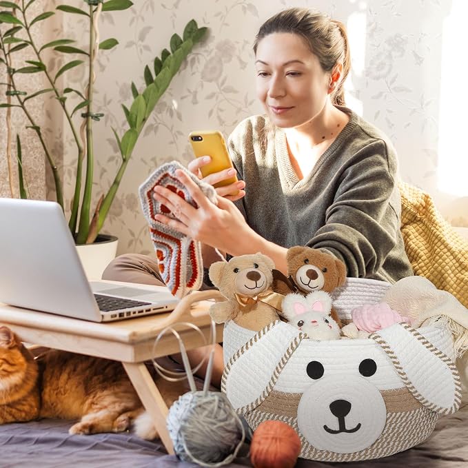Zopeal Woven Dog Basket with Handle Toy Storage, Khaki, White, 13 x 8 Inch | Pet Gift Basket, Toys Storage Organizer, Cotton Rope Rectangular Bin, Keeps Puppy Items Organized, Sturdy Handles