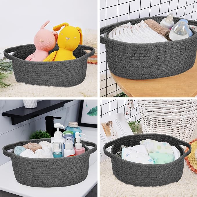 ABenkle Small Basket with Handles, Boho Decorative Rope Woven Dog Cat Toy Storage Bin Shelf Storage Organizer, Easter Christmas Gift Basket, 12"x8"x5"