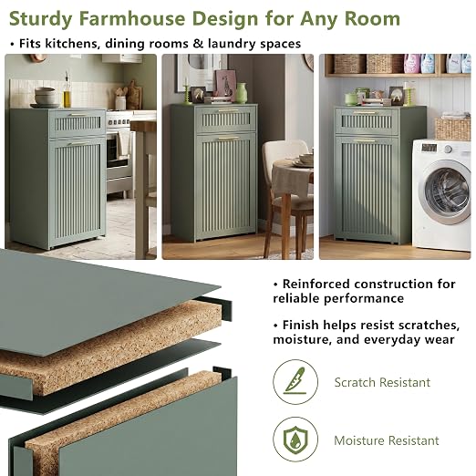 Single 13 Gallon Pull Out Trash Can Cabinet with Drawer, Garbage Cabinet | Pet Proof Hidden Trash Storage, Fluted Farmhouse Design, Space-Saving Kitchen Organizer, Dining Room Storage,Green