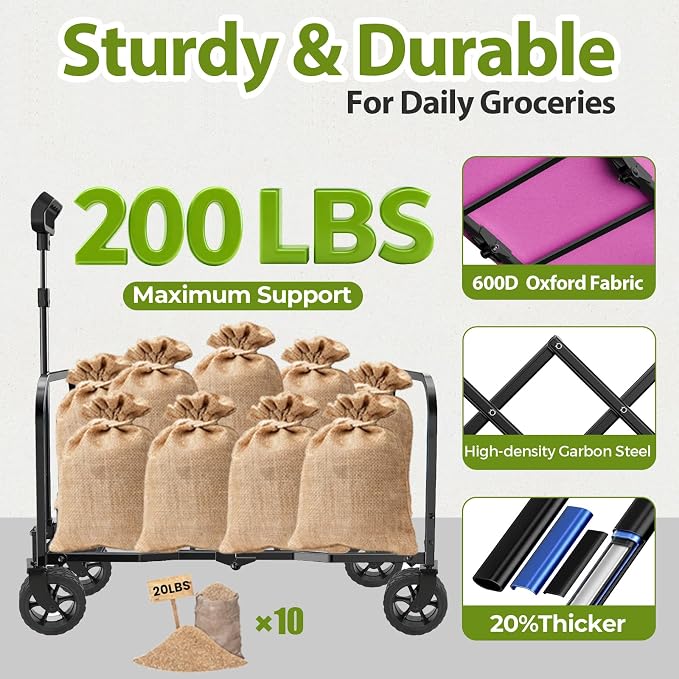 Pink Folding Wagon Cart with Wide Wheels, Lightweight & Portable, Easy Fold & Removable Side Utility Wagon for Groceries, Gardening, Camping, Pet Use