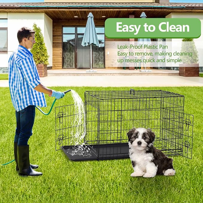 24 Inch Small Dog Crate, Heavy Duty Dog Crates for Small Dogs, Metal Wire Folding Dog Cage with Removable Trays, Locks, Double-Door, Divider Panel, Handle, Puppy Crate Pet Crate (24 in, Black)