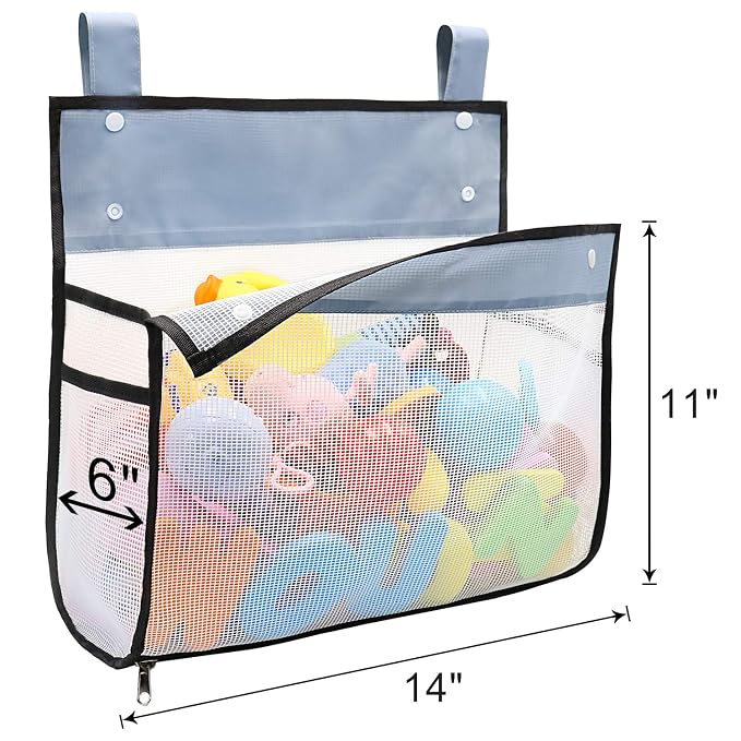 Muchufn Bath Toy Organizer Multiple Ways to Hang | Extra Large Opening Bathroom Toy Holder, Bottom Zipper Bathtub Toy Storage Bag (Black)
