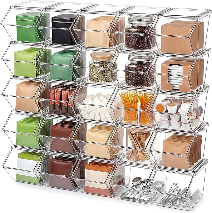 Yerliker 25 Pcs Clear Plastic Storage Bins with Lids Large Stackable Pantry Storage Organizer Bins Kitchen Organization Cabinet Organizers Ideal Containers for Fridge Kitchen Cabinets Bathroom