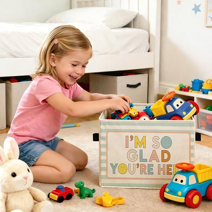 Welcome Storage Bin, Foldable Fabric Basket for Kids Room Classroom | Foldable fabric storage bin with welcome quote design for toys, books, clothes, nursery, classroom, and playroom use.
