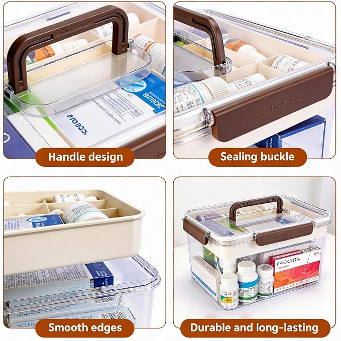 15QT Clear Medicine Storage Box, Portable Double Layer Medicine Organizer Box with Detachable Divided Tray, Clear Medicine Box for Family, Travel, Office & Dorm First Aid Medication Storage(XL)