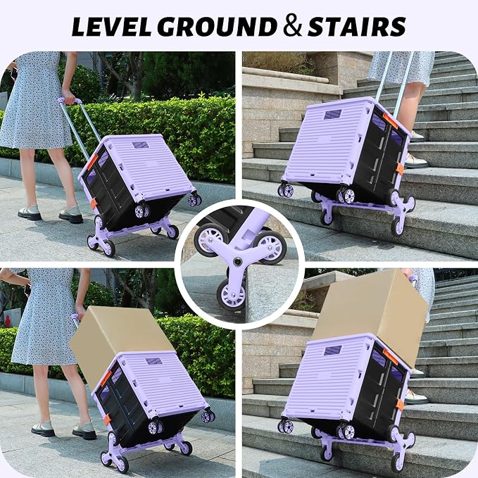 FELICON SELORSS Folding Utility Climber Cart Portable Rolling Crate-Purple | Stair Climbing Wheels+360°Swivel Wheels,Telescoping Handle,Plastic Box Dolly for Travel Shop Move Laundry Office Teacher Use