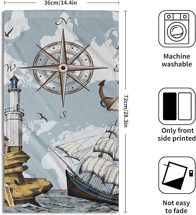 Giwawa Vintage Nautical Compass Hand Towel Blue Soft Sailing Ship Towel Set of 2, World Sea Map Boat Facecloth Ocean Anchor Lighthouse Home Decor, Bathroom Hotel Spa Gym Guest Washcloth Columbus Day