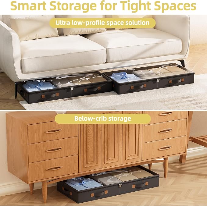 FHSQX Under Bed Storage Container 2Pack 3 Inches Low Profile Under-bed Organizer Bins Slim Under Couch Storage Box Ideal For Seasonal Clothes Blankets Towel Fabric (2, Black, 31.5 * 17 * 3in)