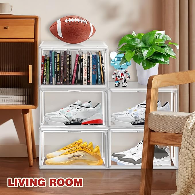 1 Pack Clear Plastic Shoe Boxes with Acrylic Magnetic Door, Size 12 | Shoe Storage Organizer for Closet, Stackable Shoes Rack Handbag Organizer Plastic Sneaker Storage Bin with Magnetic lids