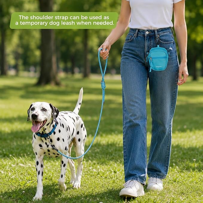 Dog Treat Pouch with Poop Bag Holder, Small Crossbody Bag for Puppy Training and Walking, Shoulder Strap Can Use as Dog Leash- Pet Travel Accessories, Metal Carabiner Attached (Blue) | 900D Oxford Fabric