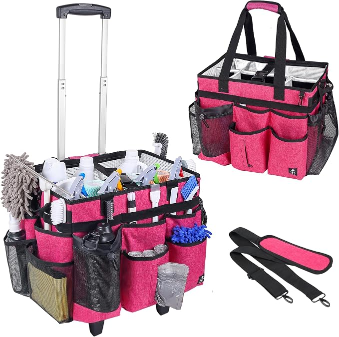 Rolling Cleaning Caddy Bag Built-in Hard Plastic Sheet Detachable Trolley | Aluminum foil lining, Adjustable dividers Adjustable Shoulder Strap and Multiple Storage Pockets
