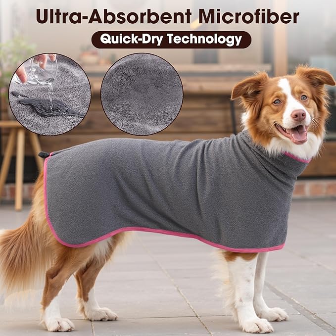 Microfibre Dog Bathrobe Towel Wrap Super Absorbent Dog Drying Coat Bath Robe for Puppy, Medium & Large Dogs, Fast Drying, Adjustable