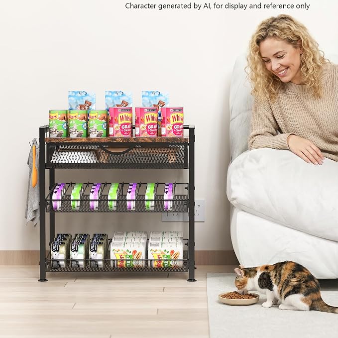 Cat Food Can Organizer, Storing Different Sizes Pet Food Canned Dispenser | 2-Tier Can Storage With Drawers,Automatic Slip Design,Manually Adjust The Gap Size Classify Cat Food Canned The Dispenser