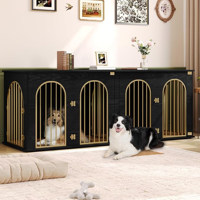 Hzuaneri 86.6" Double Dog Crate Furniture, Dog Kennel Indoor with Cushion | Heavy Duty Dog Crate Furniture for 2 Dogs,Dog Cage End Table TV Stand with Divider for Med-Large Dogs,Black Gold DFC84004AV1