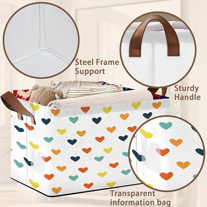 Colorful Heart Pattern Collapsible Storage Box - 17x11.5x10.5 Inch Foldable Organizer for Kids Room, Seasonal Decor - Space-Saving Single Pack