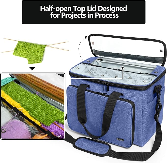 Teamoy Knitting Bag, Yarn Storage Organizer Crochet Bag Tote, Dark Blue | Yarn Holder with Inner Divider(Sewn to Bottom) for Crochet Hook, Knitting Needles(Up to 14"), Project and Crocheting Supplies