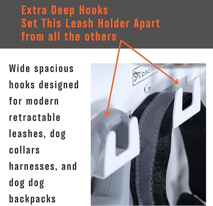 Dog Leash Holder for Wall with Shelf — Wall Mounted Dog Treat Holder & Station, 3 Large Airtight 32oz Treat Containers, 9 Hooks, Patented Lidless Slide-to-Seal Jars, Solid Steel, Made in USA