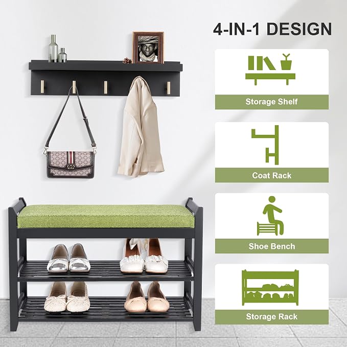 PETKABOO Shoe Rack for Front Door Entrance, 28” Entryway Bench with Coat Rack, Hall Tree Shoe Bench with Storage for Entry, Hallway, Bedroom, Living Room