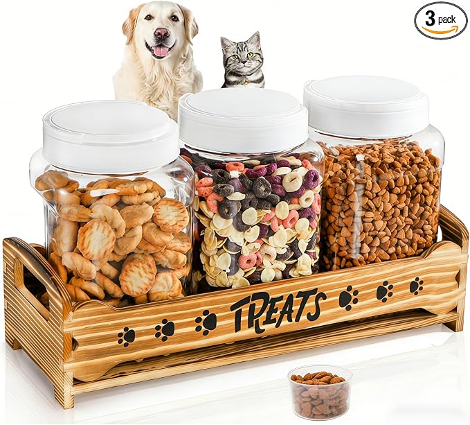 Tlence Dog Treat Container Set, 3 Airtight Plastic Jars with Wooden Paw Print Stand, Pet Treat Holder with Scoop for Kitchen Counter