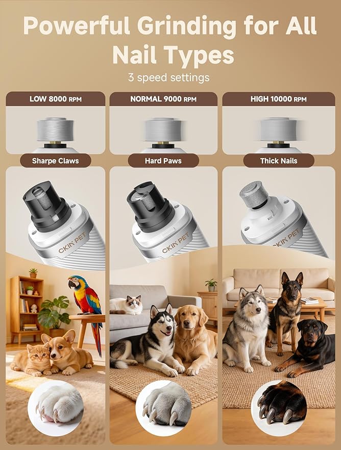 Dog Nail Grinder, Quiet Electric Dog Nail Trimmer with 2 LED Lights, 3-Speed Pet Nail Grinder for Dogs & Cats, Rechargeable 2000mAh Nail Grinder for Small Medium Large Dogs with Light, White