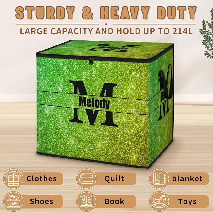 Custom Extra Large Storage Baskets with Name Initial Letter, Personalized Storage Bins Basket Boxes for Clothes Blanket Bedroom Closet Organizing Toys Shelves, Bright Green Sequins Glitters