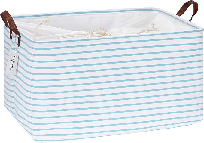 Hinwo 70L Extra Large Canvas Storage Bin with Lid and Handles | Collapsible Fabric Basket, Closet Shelf Organizer, Container for Clothing, Blankets, Toys, Bedding (Aqua Stripe)