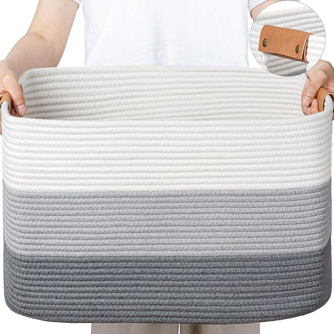 danpinera Large Woven Basket 25’’*16’’*16’’ 108L Woven Baskets for storage Baby Laundry Hamper, Cotton Rope Boho Decorative Storage Bin for Living Room, Nursery, Clothes, Pillows Gradient Grey