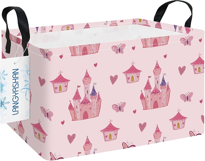 Rectangular Collapsible Pink Castle Storage Basket Nursery Toy Organizer | Storage Bin Foldable Canvas with Handles for Organizing Home Kitchen Children Toys Office Closet Shelf Baskets