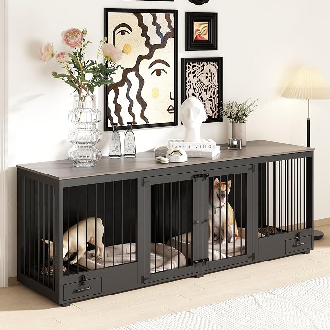 86.6" Large Furniture Style Dog Crate for 2 Dogs, Black | Heavy Duty Wooden Dog Kennel with Dog Bowl Drawers & Divider, Indoor Dog kennel House TV Stand for Large Medium Dogs