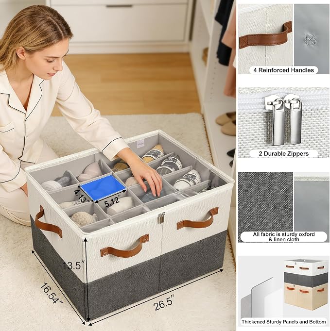 Shoe Organizer for Closet 2 Pack, Foldable Shoe Box with Adjustable Dividers and Clear Cover, Space Saving Shoe Storage Organizer Cabinet with Reinforced Handles, Fits 32 Pairs TP12WG