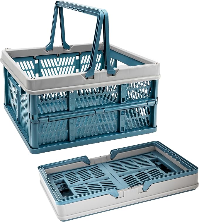 VALESKA Collapsible Crate 20L, Plastic Milk Crates for Storage, Foldable Collapsible Shopping Basket with Handles,Car Trunk Basket,for Kitchen（Deepblue）