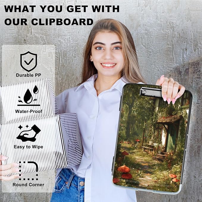 A4 Clipboard with Storage Pen Holder, Clipboards Organizer Nursing Clipboard Foldable File Folder Plastic Clipboard Folio Clip Board for Office Work Classroom Doctor, Red Mushroom Village