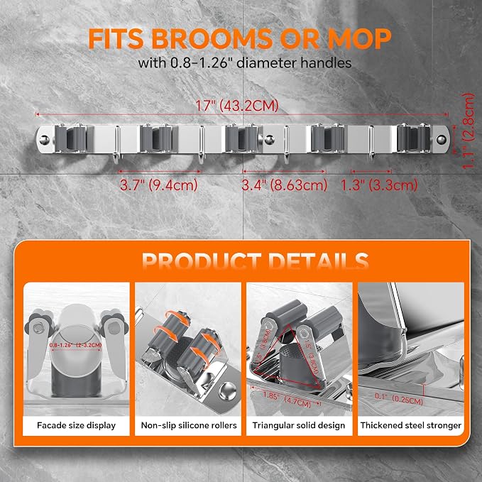 5 Grippers Broom Holder Wall Mount with 4 Hooks Stainless Steel, Silver | Self Adhesive or Screw Mop and Broom Organizer, Heavy Duty Storage Rack for Garden Closet Laundry Room Kitchen Garage