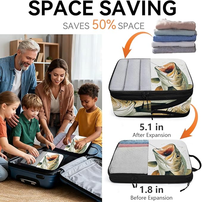 Fish 6 Set Compression Packing Cubes Funny Fishes Expandable Packing Organizer for Travel Accessories Luggage Suitcase Bag