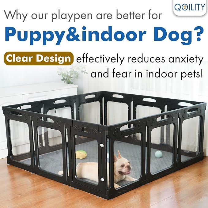 Clear Acrylic Indoor Dog Playpen, 24" H, 8 Panels, Black | Open View, Modern Home, No Climbing Bars, Tool-Free Setup, For Puppies & Small Dogs