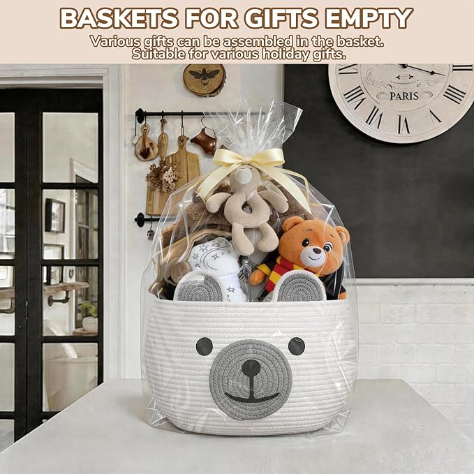 CherryNow Large Baby Basket for Gifts Empty, Cute Bear Design, White | 15.7" x 10.5" Baby Shower Basket With Handles, Cotton Rope Basket for Toys Diaper Caddys Storage, Fits Living Room Nursery